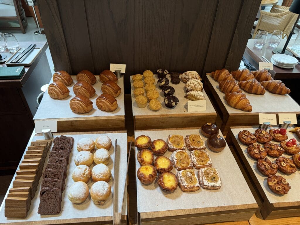 Close-up of fresh pastries at the breakfast buffet